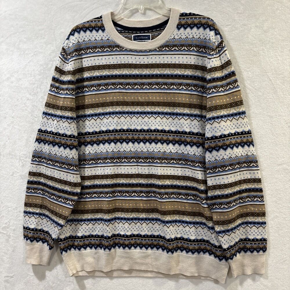 Club Room Merino Wool Blend Fair Isle Sweater Men's XL Blue Tan Striped Nordic